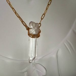 Art Deco Quartz Pendant Necklace Vintage Brass
