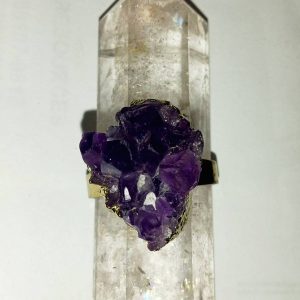 Genuine Amethyst Geode Cocktail Ring 43.7 Carats On Adjustable Brass Band